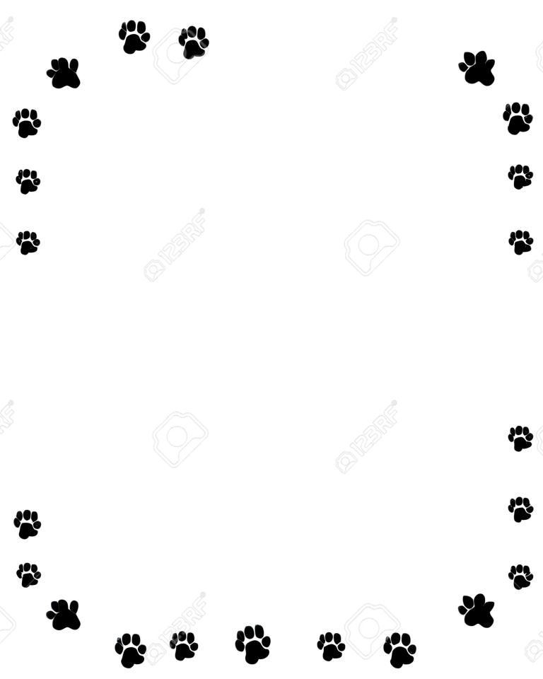 Wydruki czarno-biały pies łapa górna i dolna granica / nagłówek i stopka na białym tle