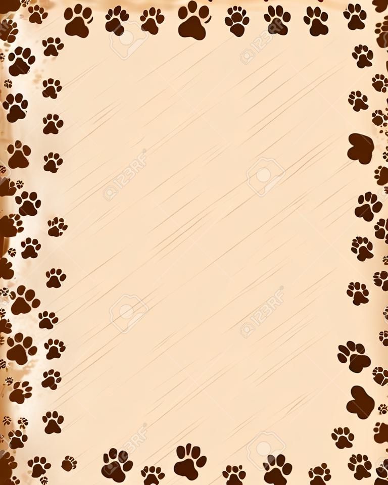 Dog paw prints border / frame on brown grunge background