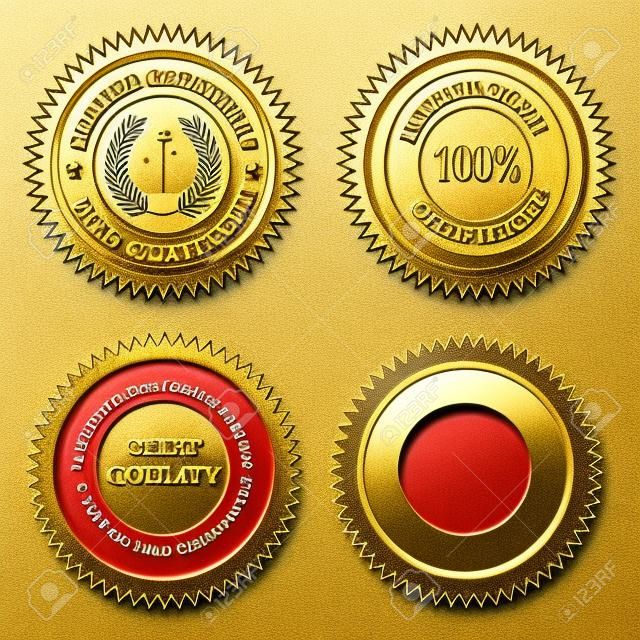 Isolierte Blank Gold und Rot Stempel / Siegel für Zertifikate. einschließlich Zufriedenheit 100% garantiert, Gütesiegel, Geprüft und zertifiziert und leere ein.