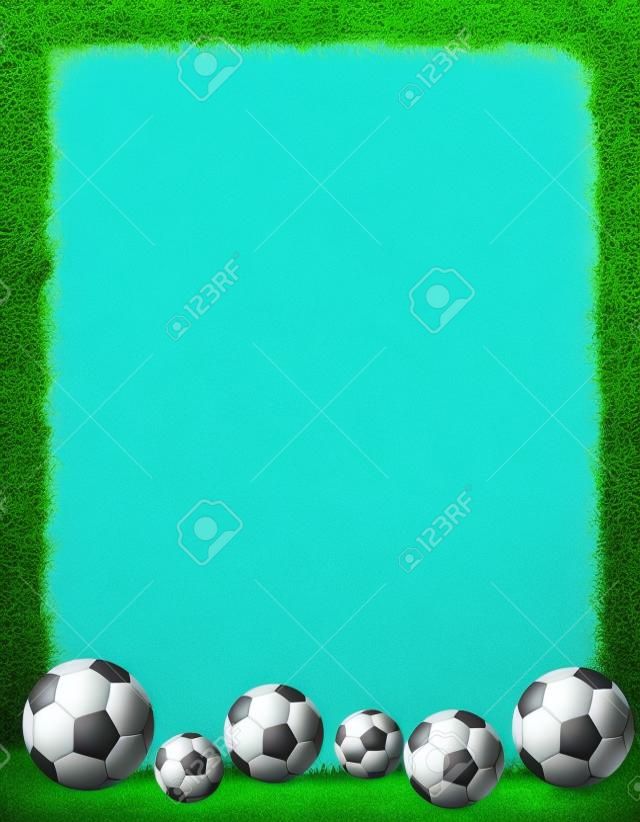 Soccer balls on beautiful green grass frame.