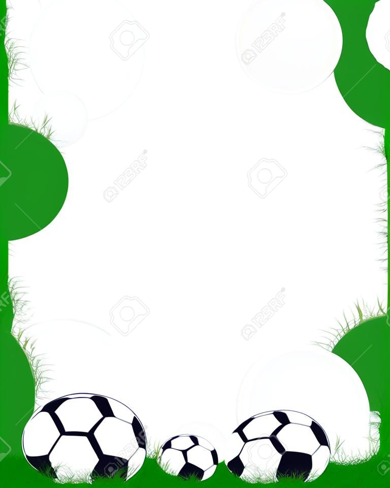 Soccer balls on beautiful green grass frame.
