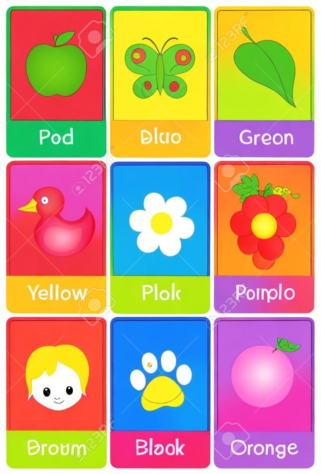 Yazdırılabilir flash kart renkler için toplanması ve okul öncesi / anaokulu çocuklar için rengarenk resimlerle isimleri