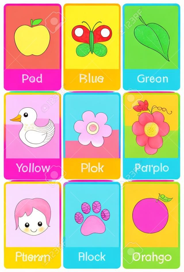 Yazdırılabilir flash kart renkler için toplanması ve okul öncesi / anaokulu çocuklar için rengarenk resimlerle isimleri