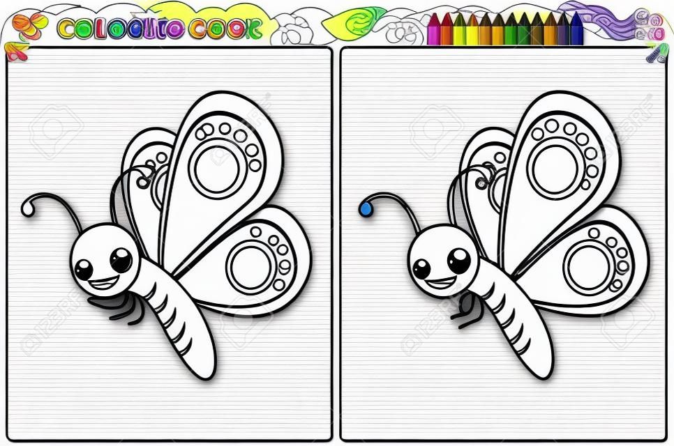 Dibujo para colorear mariposa con colorido hoja de trabajo imprimible muestra para los niños de preescolar / jardín de infantes para mejorar las habilidades básicas para colorear