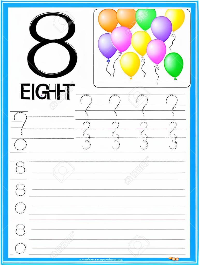 寫作練習的編號為學齡前/幼兒園的孩子八個可打印工作表，以提高基本寫作技巧
