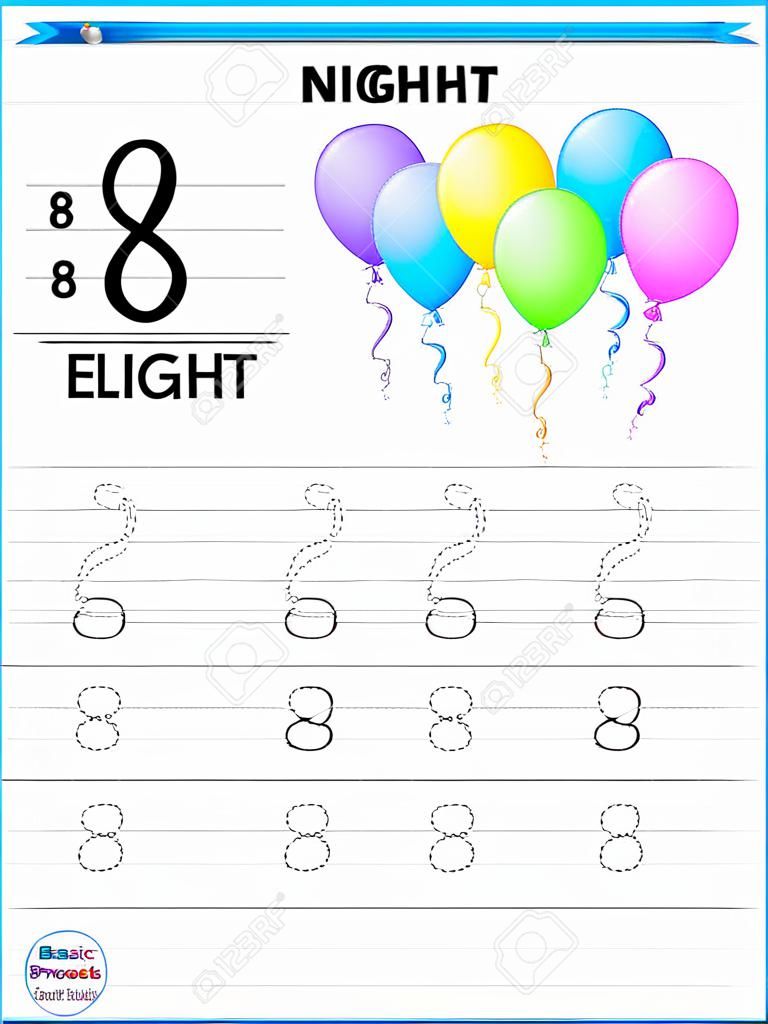 Pisanie numer praktyce osiem wydruku arkusza do przedszkola / przedszkola dzieci do poprawy podstawowych umiejętności pisania