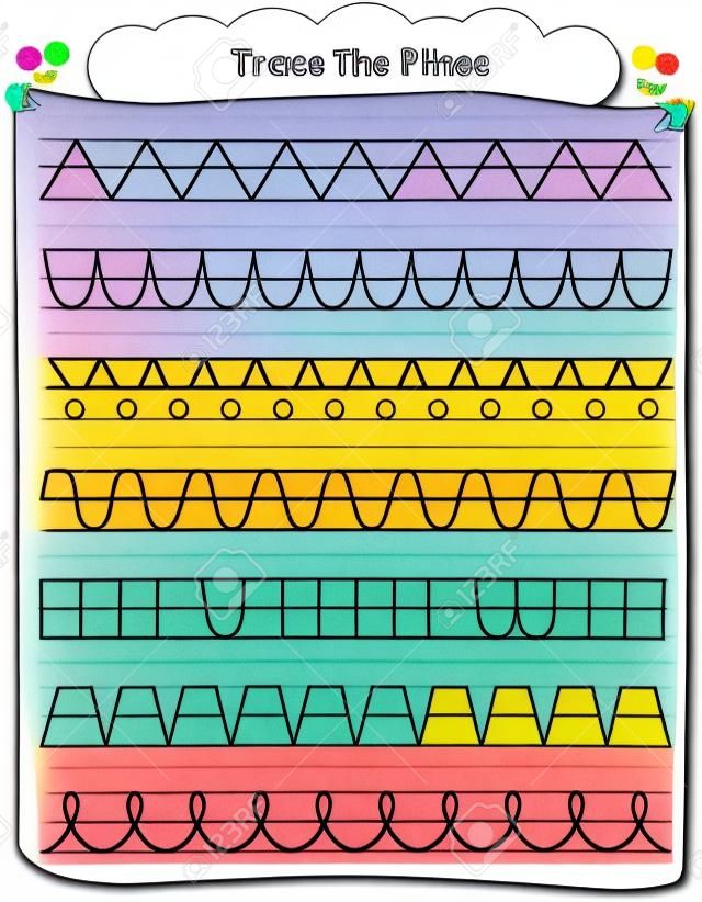 A planilha pré-escolar traça as formas e a cor. Prática básica de escrita e coloração