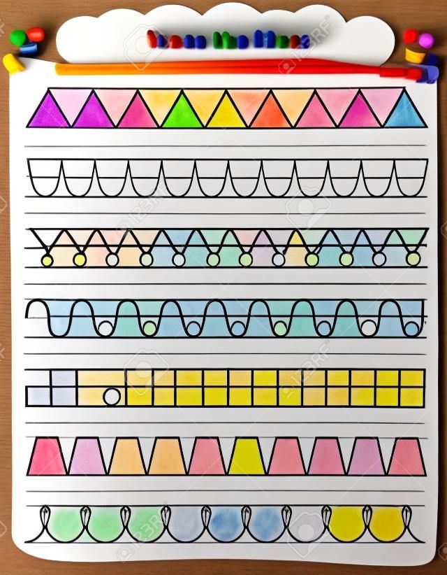 Przedszkole arkusz śledzenia kształtów i kolorów. Podstawowa praktyka pisania i farbowanie