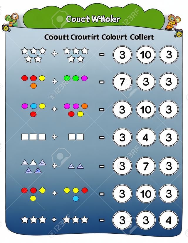 planilha - contar e colorir o círculo com a planilha de resposta correta para crianças em idade pré-escolar