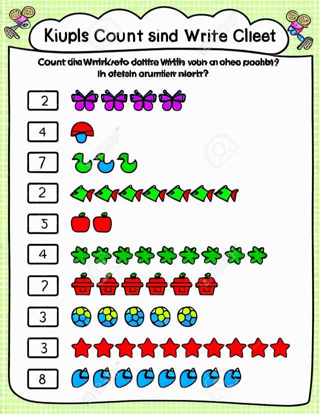 Feuille de travail pour enfants avec exercices de comptage | comptez et écrivez le numéro correct dans la boîte