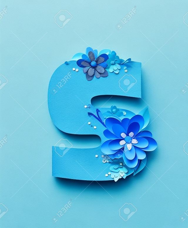 La lettera S, in alfabeto impostare "Alexis" è blu con increspato texture. Lettera è decorato con fiori di carta, foglie e puntini.