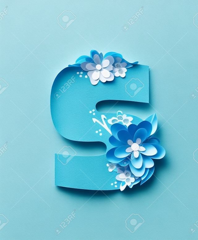 La lettre S, dans l'alphabet set "Alexis" est bleu avec des plissés texture. Lettre est décoré avec des fleurs en papier, des feuilles et des points.