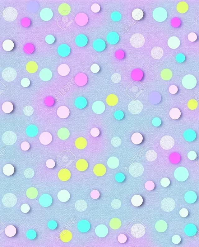 Os pontos de polka coloridos pastel macios flutuam através de um fundo de lilás. Os pontos são multicoloridos.