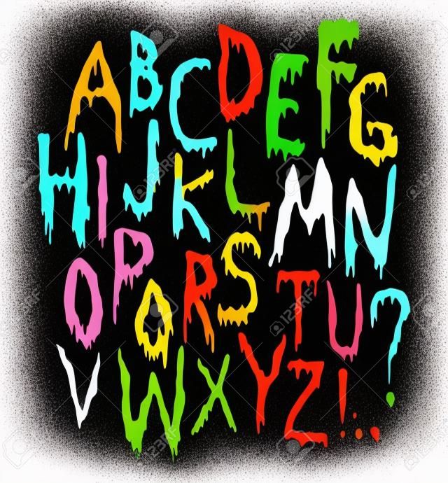Splash Alphabet, vector blood or slime letters. Hand writting doodle scary font. Halloween party style