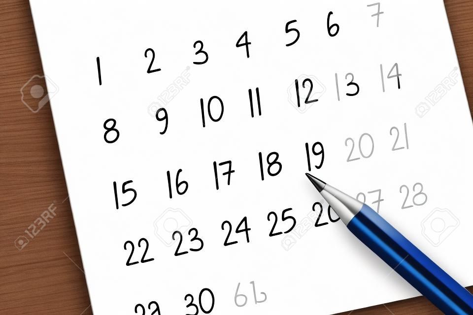 Biała strona kalendarza na 2021 miesiąc, aby umówić się na spotkanie lub zarządzać harmonogramem każdego dnia za pomocą długopisu do znaków, planowania pracy i koncepcji życia