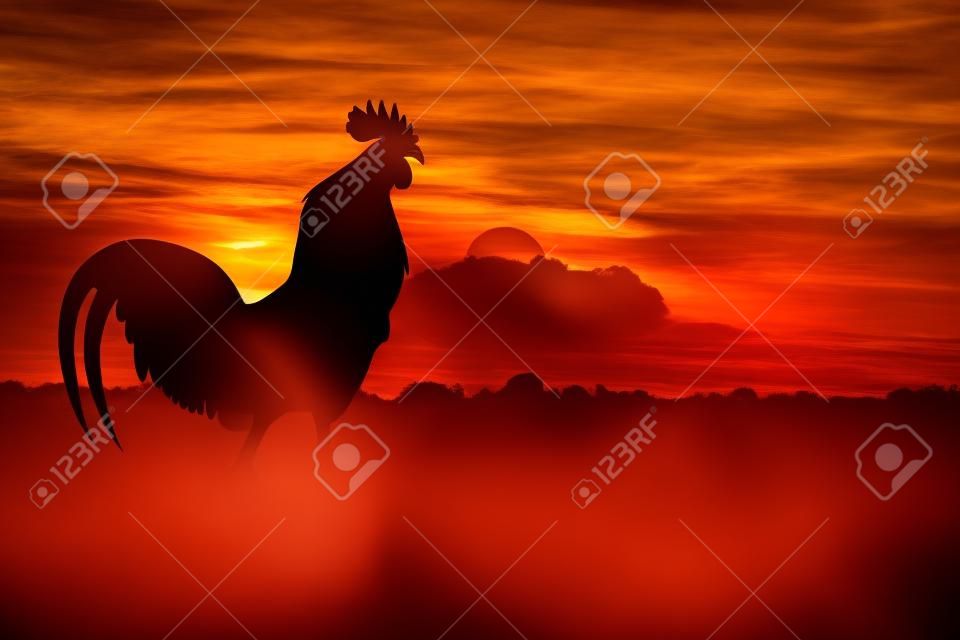silhouette of Roosters crow on the lawn on orange sunrise background