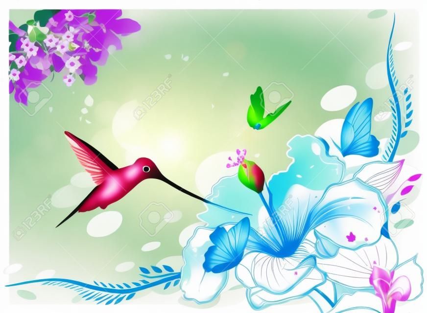 Colibrí en vuelo con una flor y mariposas Vector