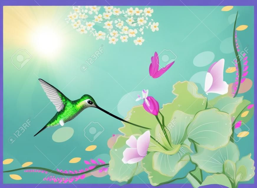Colibri en vol avec une fleur et papillons Vecteur
