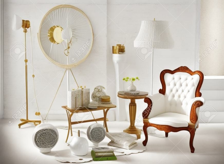 retro meubilair en decoratie in witte kamer