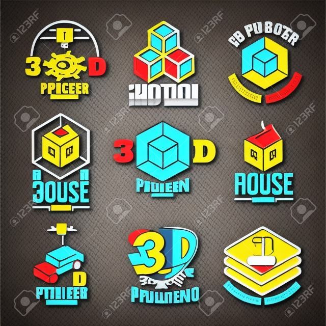 Tipi e distintivi di logo delle icone di vettore della stampante 3D.