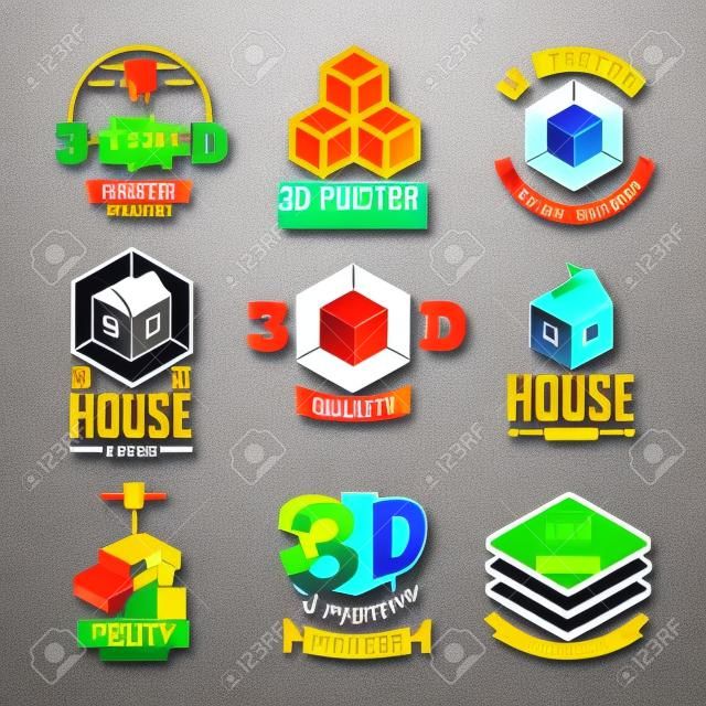 Drukarki 3D wektor ikony typy logo i odznaki.