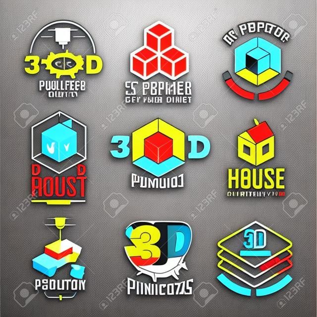 Tipi e distintivi di logo delle icone di vettore della stampante 3D.