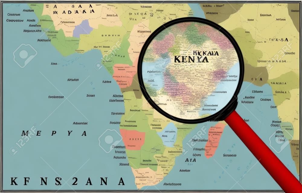 Magnigying ガラスを通してケニア共和国の地図