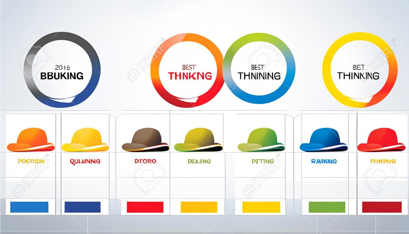 Illustratie van zes kleuren hoeden, een modern systeem van denken voor het bedrijfsleven