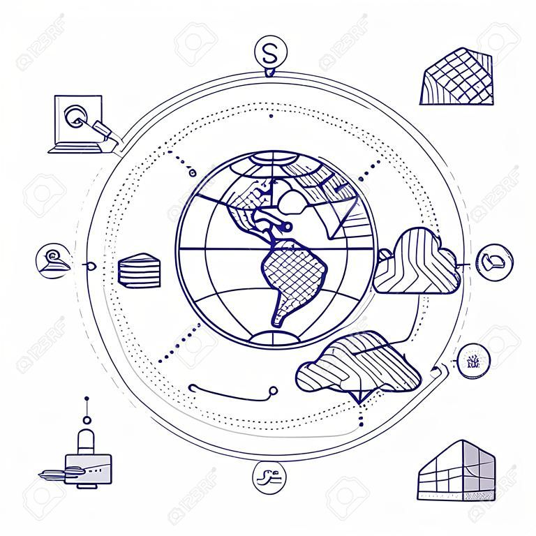 Иллюстрация Слои концепции ГИС пространственных данных для бизнес-анализа, системы географической информации, иконки Дизайн, стиль Liner