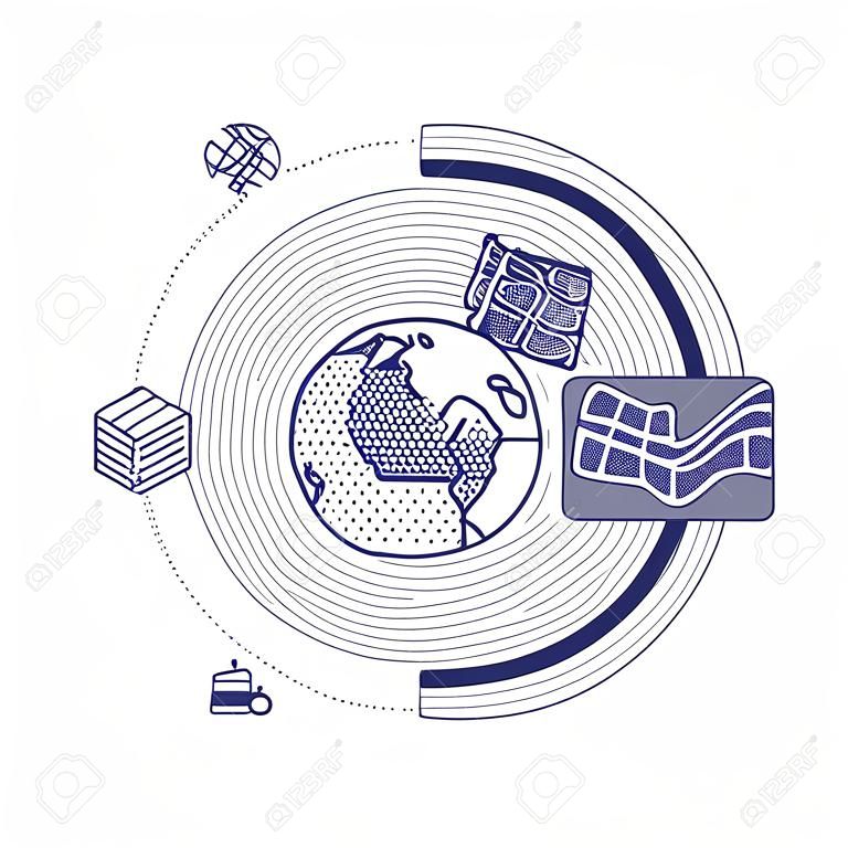 Иллюстрация Слои концепции ГИС пространственных данных для бизнес-анализа, системы географической информации, иконки Дизайн, стиль Liner