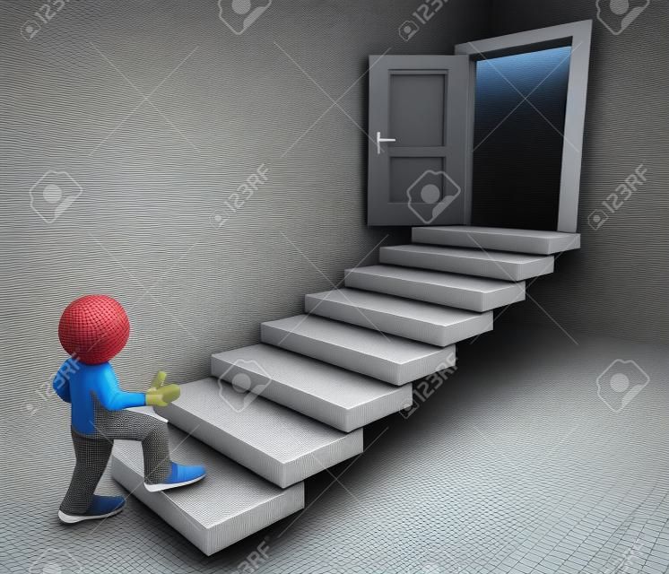 3D визуализации человек восхождение на лестницу Концепция первым шагом для карьерного роста