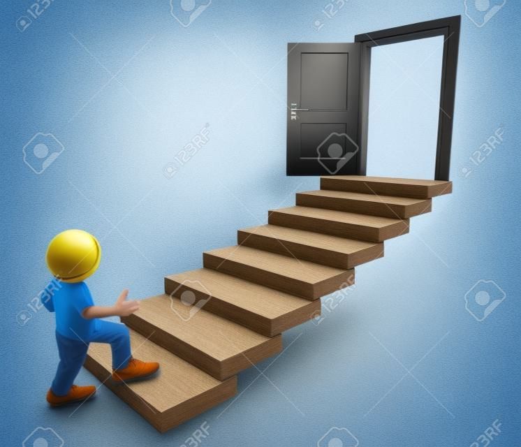 3D визуализации человек восхождение на лестницу Концепция первым шагом для карьерного роста