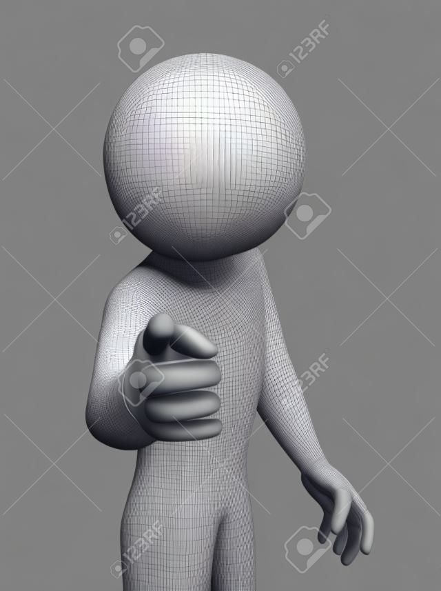 Representación 3D de hombre enojado que señala el dedo a usted Hombre del carácter 3d gente blanca