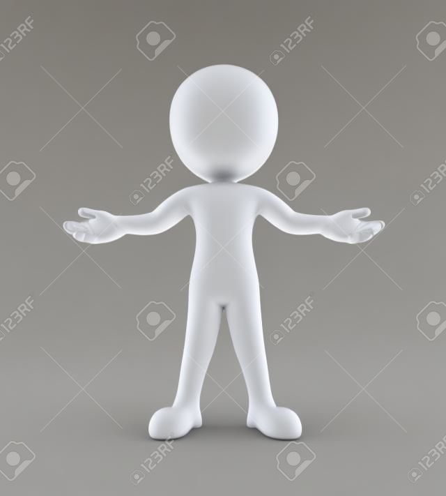 Rendering 3D di uomo con la presentazione braccio aperto di accoglienza postura gesto posa. 3d bianco persona persone uomo