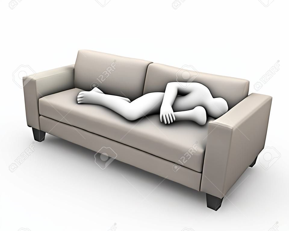 Rendu 3d d'fatigué et épuisé l'homme de dormir sur un canapé confortable. 3d personne l'homme blanc