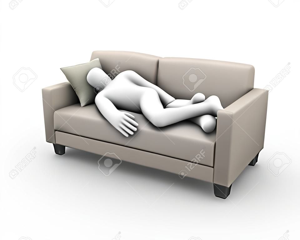 快適なソファで寝て疲れと疲れの男の 3 d レンダリングします。3 d の白い人
