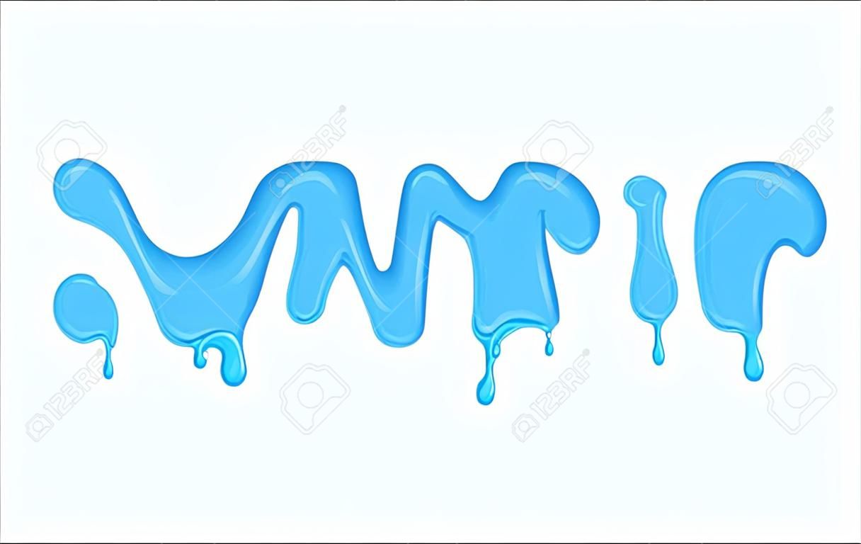palabra de vector de agua que fluye. Las cartas con manchas, gotas, salpicaduras y manchas. La tipografía brillante. Texto del líquido azul gotas aisladas sobre fondo blanco.