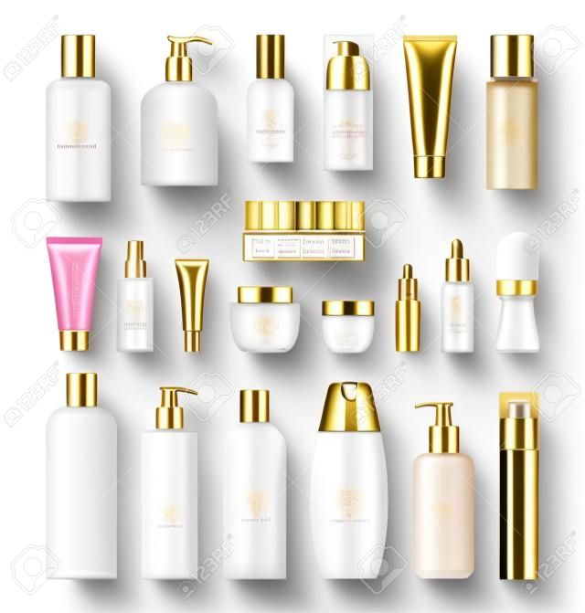 Set of realistic package for luxury cosmetic product. Collection of empty blank template of plastic containers with gold cap: bottle for liquid, skin care cream. Vector mockup of isolated on white