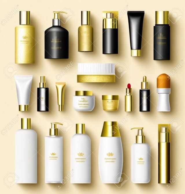 Set of realistic package for luxury cosmetic product. Collection of empty blank template of plastic containers with gold cap: bottle for liquid, skin care cream. Vector mockup of isolated on white
