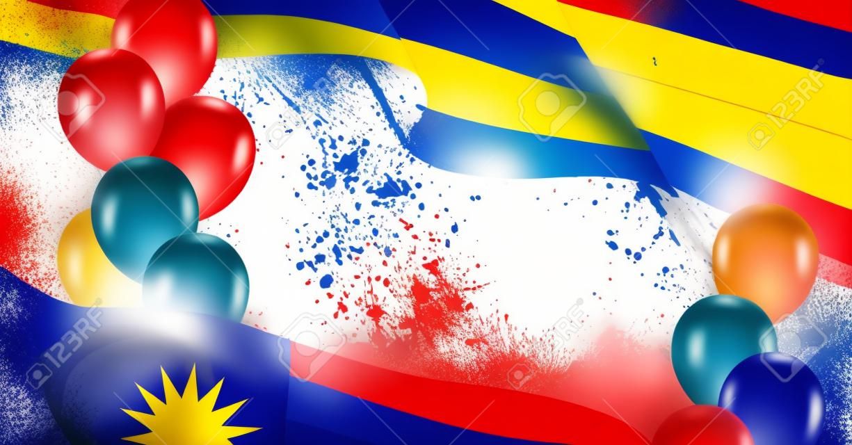 コピースペースを持つマレーシアの愛国的なテンプレート。透明な背景にマレーシアの旗とカラフルなヘリウム風船を振って現実的。独立と自由、民主主義と愛国心ベクトルバナー