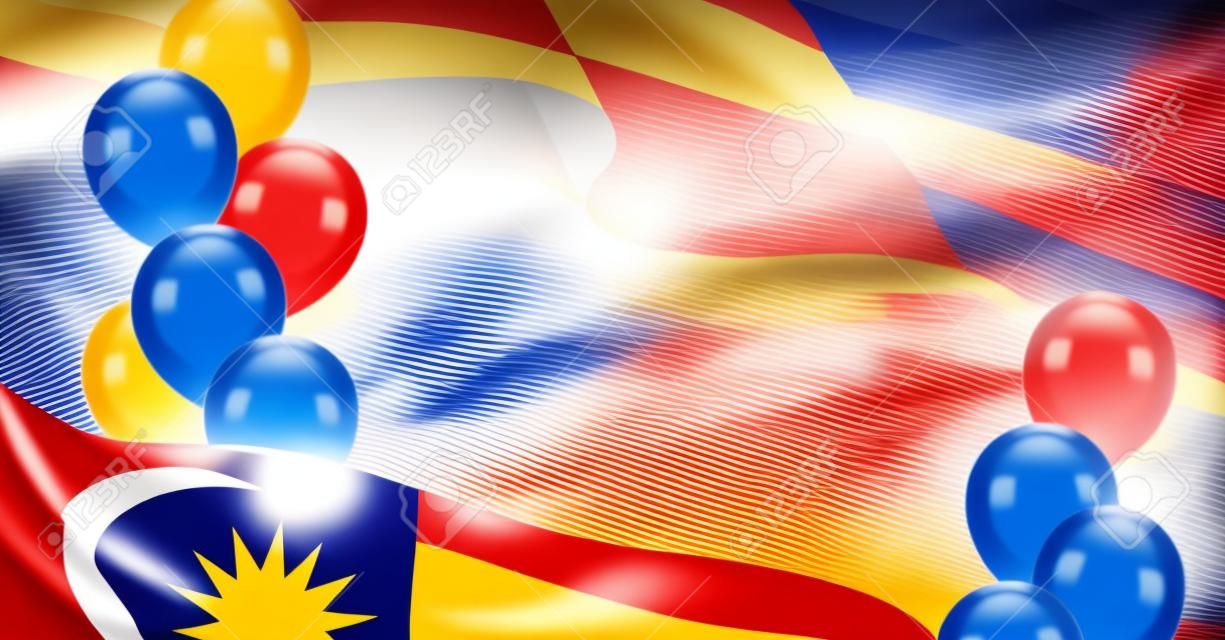 Malezyjski patriotyczny szablon z miejsca na kopię. Realistyczne macha flagą Malezji i kolorowe balony z helem na przezroczystym tle. Transparent wektor niepodległości i wolności, demokracji i patriotyzmu
