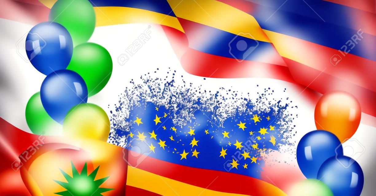 Malaysian patriotic template with copy space. Realistic waving malaysian flag and colorful helium balloons on transparent background. Independence and freedom, democracy and patriotism vector banner