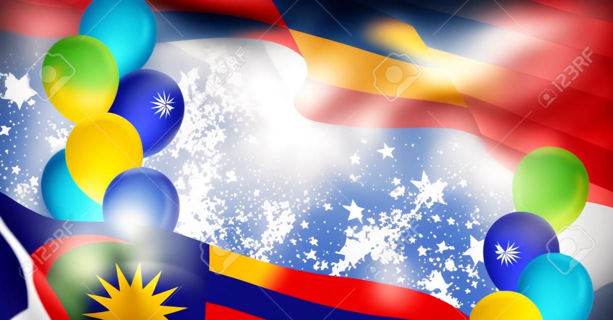 Maleisische patriottische sjabloon met kopieerruimte. Realistische zwaaiende Maleisische vlag en kleurrijke heliumballonnen op transparante achtergrond. Onafhankelijkheid en vrijheid, democratie en patriottisme vector banner