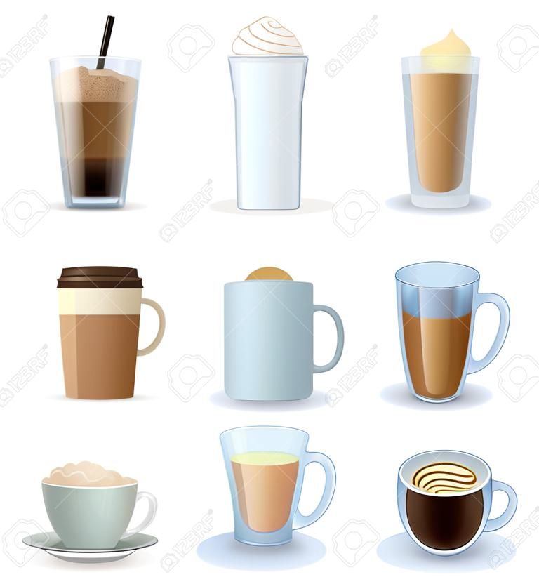 Set di bevande al caffè realistico. Bevande aromatiche in vetro, ceramica, tazze usa e getta e tazze varie illustrazioni vettoriali isolate su sfondo bianco