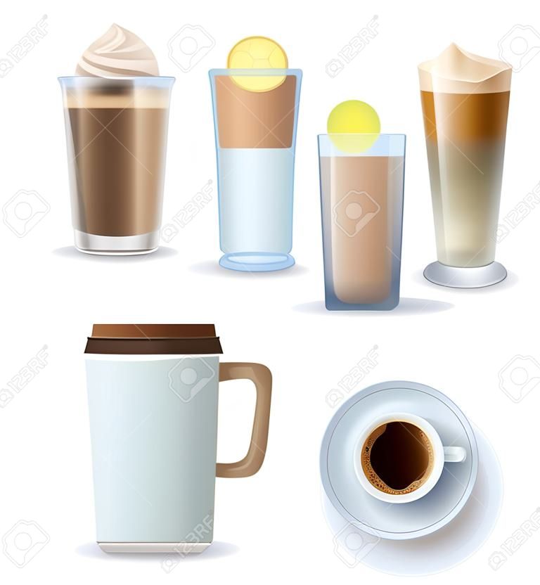 Set di bevande al caffè realistico. Bevande aromatiche in vetro, ceramica, tazze usa e getta e tazze varie illustrazioni vettoriali isolate su sfondo bianco