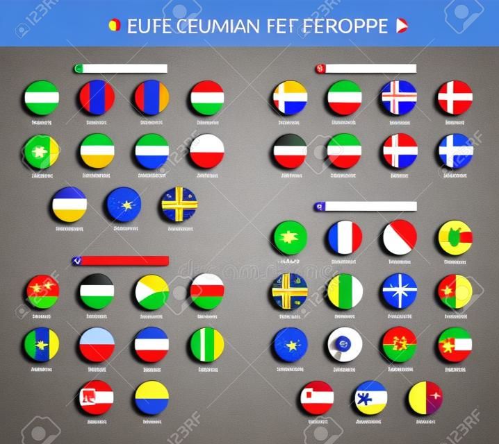Flaggen der Länder Europas glänzende Schaltflächen festgelegt. Nationalflaggen der europäischen Länder, glänzende Ikonen der runden Form. Symbole in patriotischen Farben mit Namen jedes Landes realistische Vektorillustration