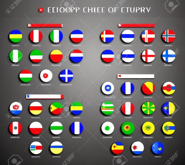 Flags of countries of Europe glossy buttons set. European countries national flags, round shape shiny icons. Symbols in patriotic colors with names of each country realistic vector illustration