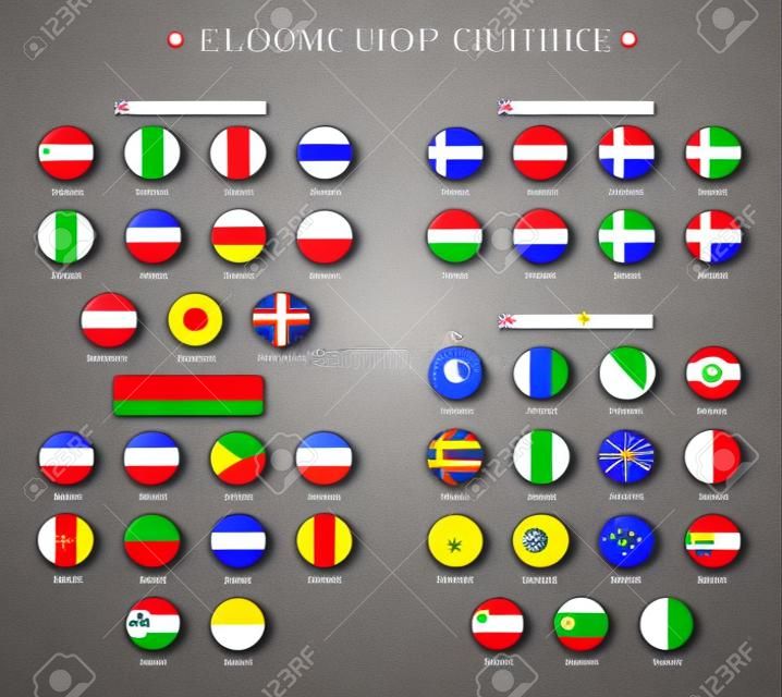 Zestaw błyszczących przycisków flagi krajów Europy. flagi narodowe krajów europejskich, okrągłe błyszczące ikony. symbole w patriotycznych kolorach z nazwami każdego kraju realistyczna ilustracja wektorowa