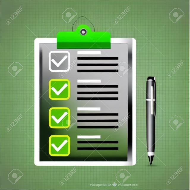 Zwischenablage mit grünen Häkchen und Stift. Checkliste Vektor eps