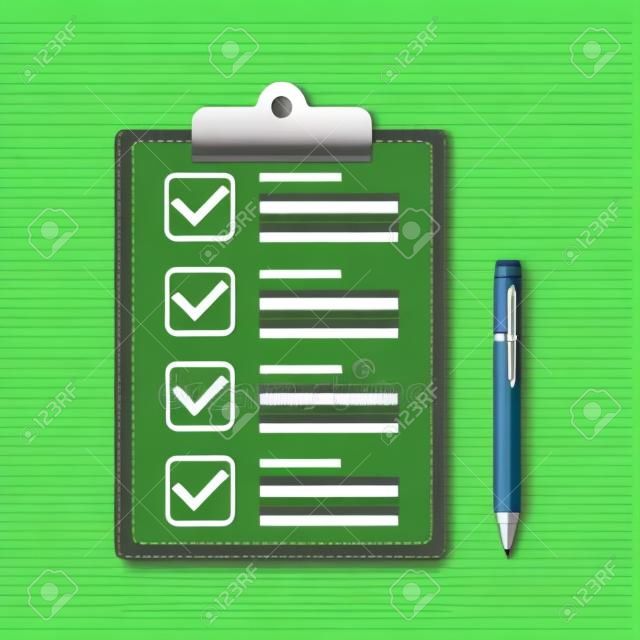 Zwischenablage mit grünen Häkchen und Stift. Checkliste Vektor eps